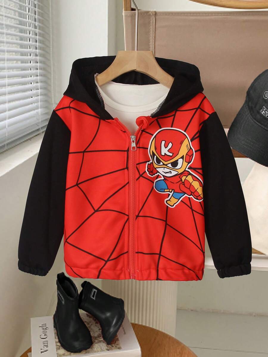 Young Boy Patchwork Spider Print Playful & Cute Casual Fashion Jacket , Soft Comfortable Fabric, Suitable For Spring & Autumn Fall Winter