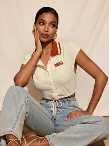 Harviee 罗纹领纽扣蝙蝠袖修身上衣，适合夏季女士度假 - 卡其色 - 查看 7