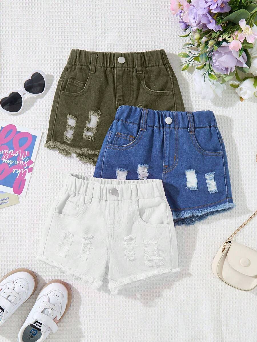 SHEIN Baby Girl Elastic Waist Pocket Distressed Frayed Hem Denim Shorts - Multicolor - View 1