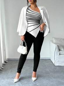 Elenzga 大码女式无袖条纹印花斜肩开衩优雅吊带背心，适合户外和工作