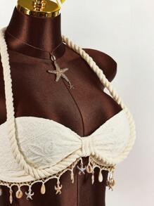 Amplova Set de 2 piezas: Top corto decorado con cuerda, estrella de mar y concha, y mini falda