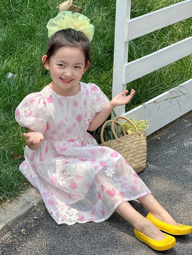 Young Girl Floral Print Round Neck Mid-Length Puff Sleeve Birthday Party Dress,Girls Summer Outfits Vacation