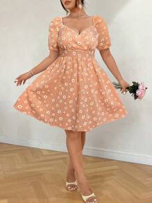 Celure Plus Size Women's Floral Print Scoop/Sweetheart Neck Puff Sleeve Romantic Vacation Dress, Textured Fabric