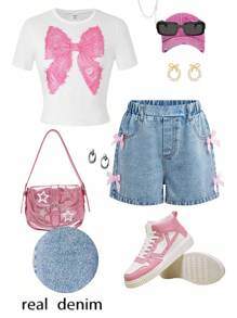 SHEIN Conjunto de 2 piezas para niñas preadolescentes, camiseta de manga corta blanca con decoración de lazo y pantalones cortos de mezclilla lavada, para uso casual y de viaje - Multicolor - Ver 3