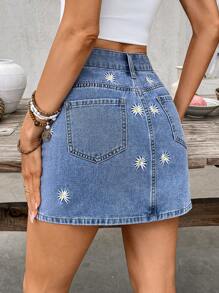 Breezaya Women's Casual Washed Daisy Embroidery Denim A-Line Skirt Vacation Beach - Blue - View 3