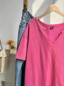 Comfortcana 大码春夏服装复古水洗玫瑰红色宽松短袖 V 领大码 T 恤，棉质面料