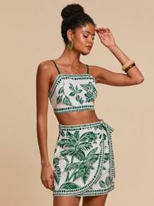 Travachic Conjunto de 2 piezas de top corto con estampado de plantas tropicales y minifalda para mujer, conjunto de vacaciones, vacaciones, atuendo de playa, atuendo de verano para mujeres - Verde - Ver 4