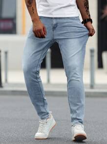 Manfinity Homme Blugi skinny pentru bărbați, stil casual, de stradă, cu buzunar și nasturi, stil zilnic, stil skinny