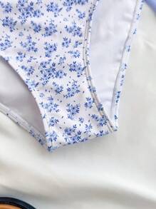 SHEIN Teen Girls Blue White Vacation Ditsy Floral Side Bow Decor Casual One-Piece Swimsuit With Cover-Up Skirt Beach Outfit Tween Swimsuit Blue Floral Tween Swimsuit Set Two Piece Swimsuit With Cover Up Blue And White Floral Swimsuit - Blue and White - View 6