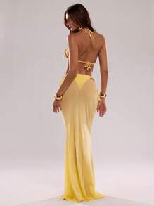 SHEIN BAE Conjunto de bikini de verano para mujer de unicolor con volantes multicapa, escote halter con lazo en el cuello, sexy, con cobertor y media falda - Amarillo - Ver 2