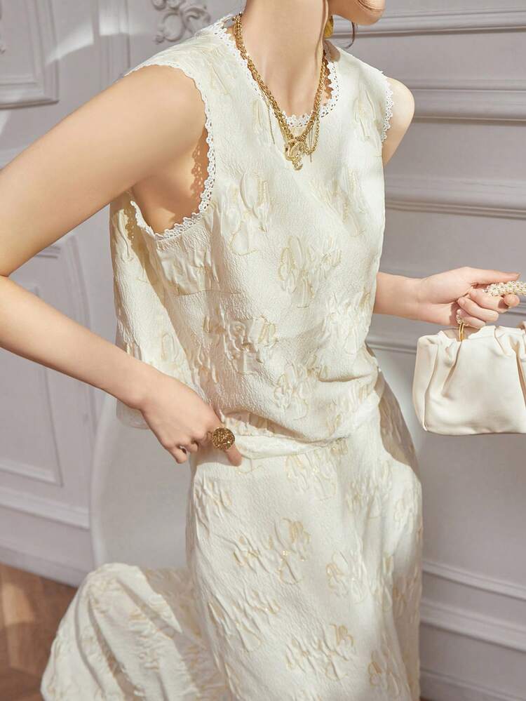 Summer Elegant Solid Color Textured Round Neck Camisole And Skirt Women 2 Pieces Set