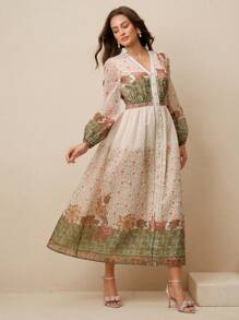 Anewsta Đầm nữ dài tay cổ đứng in họa tiết cổ điển phong cách Bohemian Beach Resort - Nhiều màu - Xem 3