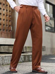 Manfinity Mode Slim Fit Men's Burgundy Pleated Straight Leg Suit Pants With Pockets - Brown - View 2