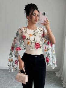 Elenzga Blusa feminina de verão com manga curta e fenda aberta bordada em malha, tecido trançado, versátil, caimento solto, estilo elegante - Multicolorido - Ver 1