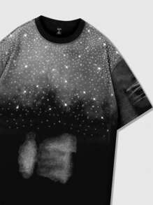 ROMWE MEN Street Life Men's Grunge Casual Rhinestone Splicing Round Neck Short Sleeve T-Shirt, Summer, Rave - Black - View 3
