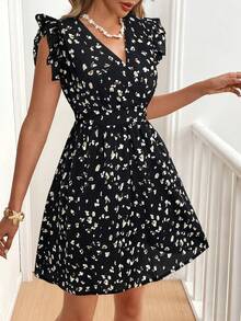 SHEIN Frenchy Women Simple Print V-Neck Short Cap Sleeve Mini Dress Summer Black Casual - Black - View 5