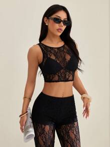 SHEIN PETITE Women's Sexy Sheer Lace Cropped Tank Top And Pants 2 Pieces Set, Summer - Black - View 7