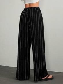 SHEIN PETITE 女士休闲通勤条纹阔腿裤 - 黑色 - 查看 2