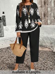 SHEIN PETITE CURVE Bộ 2 món cỡ lớn - Áo sơ mi và quần in họa tiết toàn thân, Bộ trang phục ngày lễ thường ngày Áo cánh và quần Bộ trang phục ngày lễ cho nữ Bộ trang phục ngày lễ 2 món Bộ thường ngày Áo cánh Boho cho nữ Áo cánh tay đèn lồng, Quần áo mùa thu cho nữ - màu đen - Xem 1