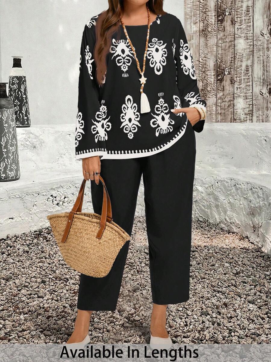 SHEIN PETITE CURVE Bộ 2 món cỡ lớn - Áo sơ mi và quần in họa tiết toàn thân, Bộ trang phục ngày lễ thường ngày Áo cánh và quần Bộ trang phục ngày lễ cho nữ Bộ trang phục ngày lễ 2 món Bộ thường ngày Áo cánh Boho cho nữ Áo cánh tay đèn lồng, Quần áo mùa thu cho nữ - màu đen - Xem 1
