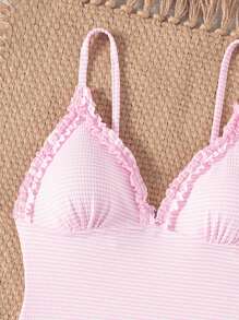 Swim Mod 2022 Ruched Floral Strap Striped One-Piece Swimsuit For Women, Summer - Pink - View 5