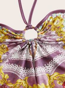 SHEIN ICON Women's Floral Print Pleated Halter Neck Camisole Top - Purple - View 3