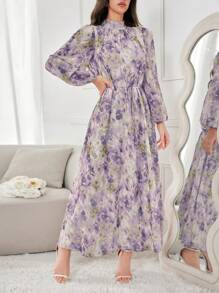 Modelyn Abito lungo elegante da donna con maniche lunghe e stampa floreale, con collo alto, adatto per eventi serali