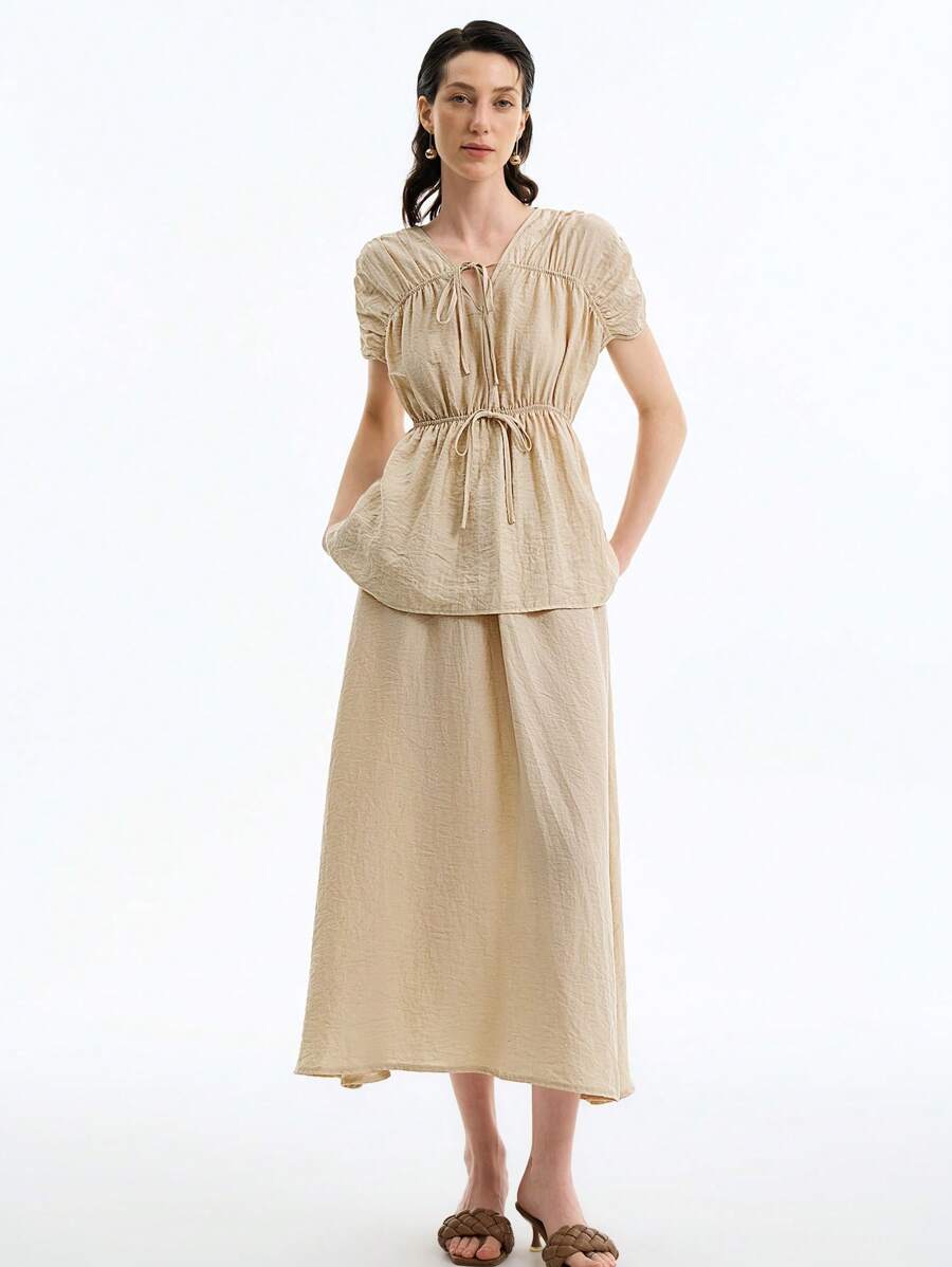 Aalyst 2pcs Simple Elegant Lady Linen Twill Women Set - Apricot - View 1