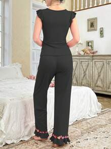 CottageSlumber Ladies Floral Embroidered Decorative Collar Cap Sleeve Pajama Set  Cozy And Elegant Details - Dark Grey - View 2