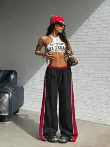 StreetHx Women's Street Style Oversized Loose Patchwork Color Pants - Black - View 7