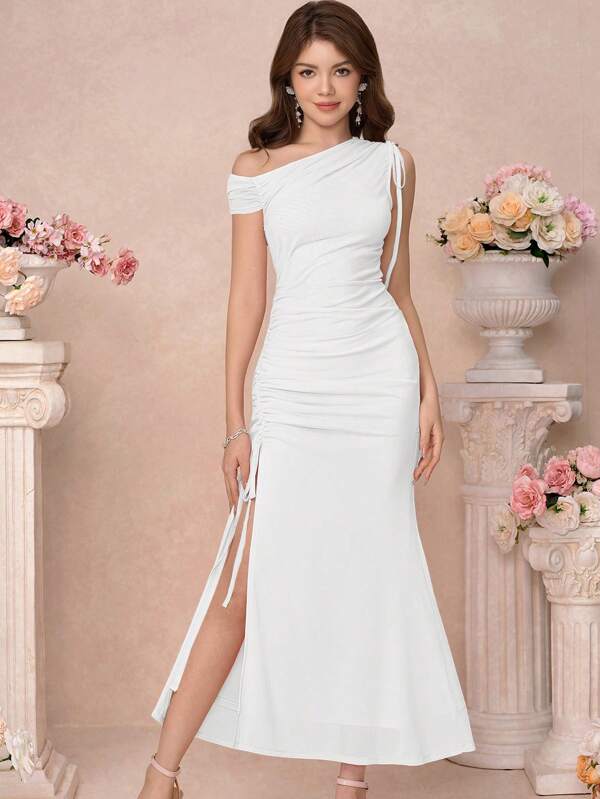 Pitira Pitira Elegant Ruched Bow White Mesh Overlay Dress, Minimalist Bridesmaid Gown Suitable For Parties, Weddings, Garden Events
