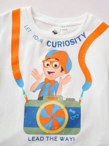 Blippi X SHEIN 小男孩卡通和相机印花白色百搭短袖T恤，夏季