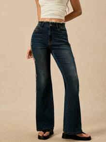 Easelle Women's Bell-Bottom Jeans With Fringed Waistband & Rhinestone Flower Decor - Medium Wash - View 3