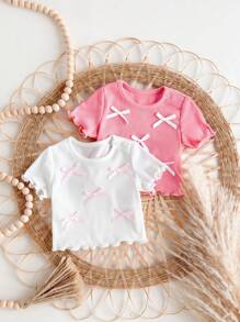 SHEIN 2pcs/Set Newborn Baby Girl Cute Summer Casual Versatile Knit Bow Short Sleeve Top - Multicolor - View 1
