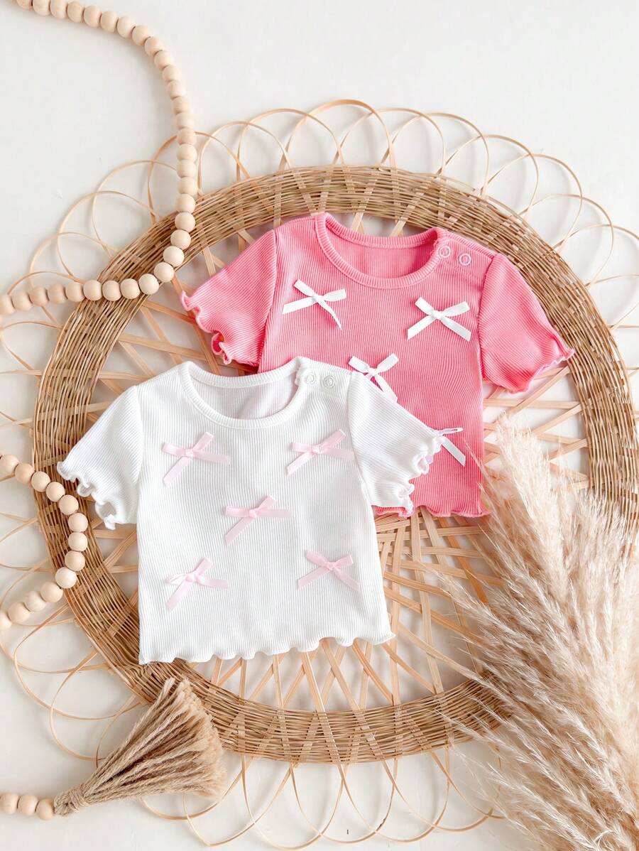 SHEIN 2pcs/Set Newborn Baby Girl Cute Summer Casual Versatile Knit Bow Short Sleeve Top - Multicolor - View 1