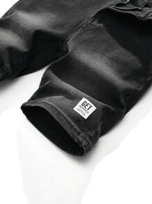 SHEIN 男童两件套时尚休闲Y2K复古拼接细节简约设计蓝黑两色弹力紧身牛仔短裤，柔软舒适，适合日常穿着，也适合春夏锐舞节和海滩穿着。 - 彩色 - 查看 3