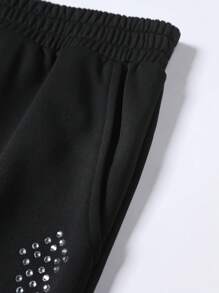 Manfinity EMRG Men's Relaxed Fit Loose Casual Rhinestone Embellished Sweatpants - Black - View 9