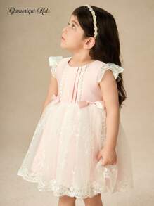 Glamorique Kids 4 Season Baby Girl Princess Dress, Pink Cap Sleeve Bow Waist Tulle Formal Party Dress, Baby Pink Dresses For Girls, Toddler Light Pink Formal Dresses, Baby Girl Wedding Guest Dress, Elegant Clothing Baby Girls, Baby Dresses Elegant Princess - Pink - View 3