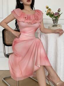 Modelyn Women's Sheer Floral Print Ruffle Hem Summer Dress - Pink - View 1