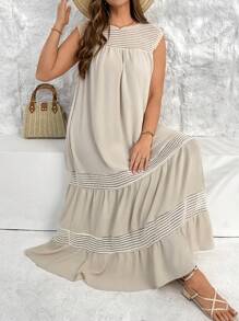 SHEIN Essnce Abito lungo senza maniche, con tasche, in stile casual e comodo, in prospettiva e con effetto traforato, in colore albicocca, adatto a donne in taglie forti per la primavera e l'estate, ideale per la vacanza al mare