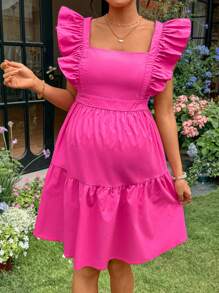 SHEIN Maternity Nursing Dress Feeding Dress Romantic Summer Vacation Maternity Square Neck Ruffle Trim Ruffle Hem Dress - Hot Pink - View 4