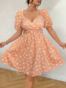 Celure Plus Size Women's Floral Print Scoop/Sweetheart Neck Puff Sleeve Romantic Vacation Dress, Textured Fabric