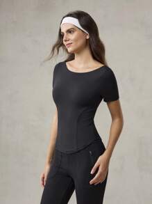 OutZeal 女士运动T恤 健身房锻炼上衣 收腹速干船领修身短袖运动上衣 - 黑色 - 查看 11