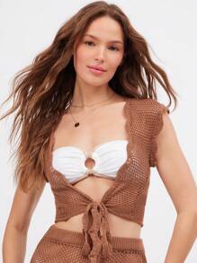 WESTFADE Western Cowgirl Crochet V Ruffle V Neck Cute Bow Tie Front Short Sleeve Open Knit Sweater Crop Top Summer Beach Vacation Boho Festival Nashville Rodeo - Coffee Brown - View 3