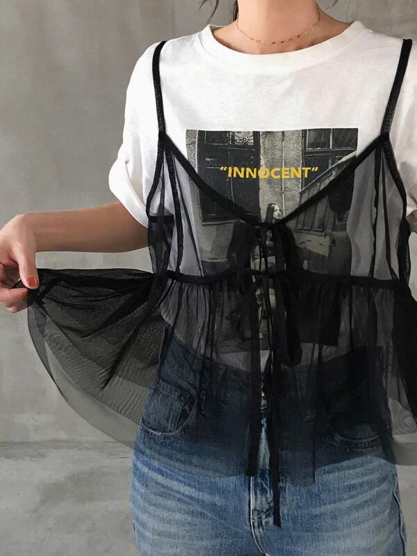 FRIFUL Top de tirantes transparente con ajuste ceñido y cordones, con pliegues y volantes en el dobladillo para el verano