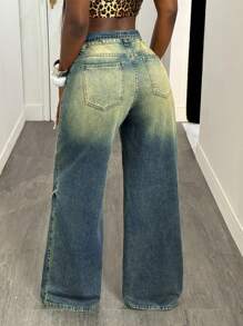 SHEIN PETITE Jeans de mezclilla lavados de cintura alta y pierna ancha, estilo casual y vintage de streetwear Y2K para mujer - Azul - Ver 2