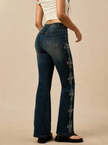 Easelle Women's Bell-Bottom Jeans With Fringed Waistband & Rhinestone Flower Decor - Medium Wash - View 2