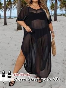 SHEIN CURVE+ Vestito estivo da donna con taglio a vista, manica corta, girocollo, in tessuto traslucido e colorazione tinta unita, con orlo fendente, adatto per l'estate, vacanze in campagna, spiaggia