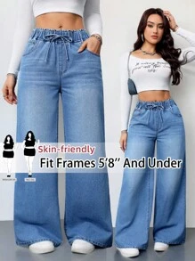 SHEIN Tall CURVE Quần jeans nữ cỡ lớn màu xanh dương cạp bèo dáng rộng, thích hợp cho mùa hè, ngày Quốc khánh 4 tháng 7, đi làm, đi sân bay, đi nghỉ mát, đi club, quần jeans cạp cao kiểu vintage ống rộng, quần jeans cho người cao, thích hợp cho ngày Valentine. - Màu xanh lam - Xem 1