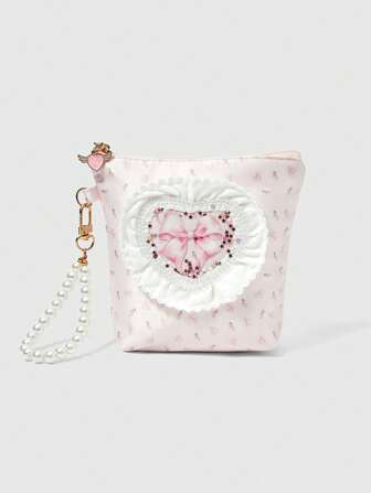 Kawaii Floral Lace Bow Design White Trapezoid Large Capacity Portable Beaded Makeup Bag